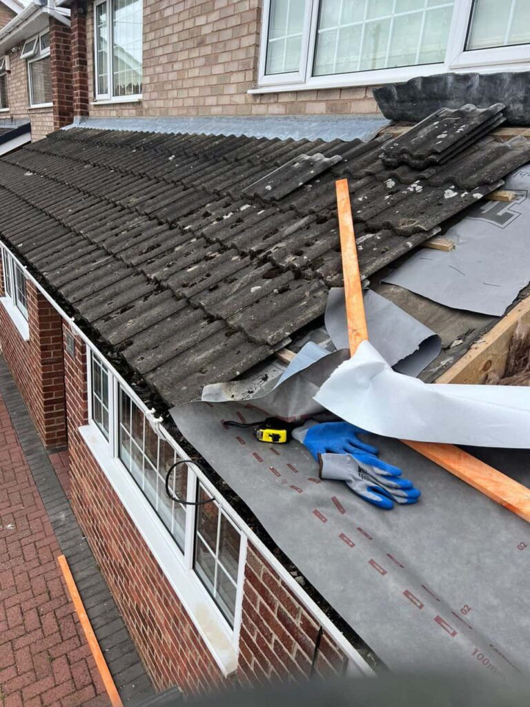 This is a photo of a pitched roof which is being repaired. The existing roof was leaking badly. Works carried out by TRP Roofing Brough